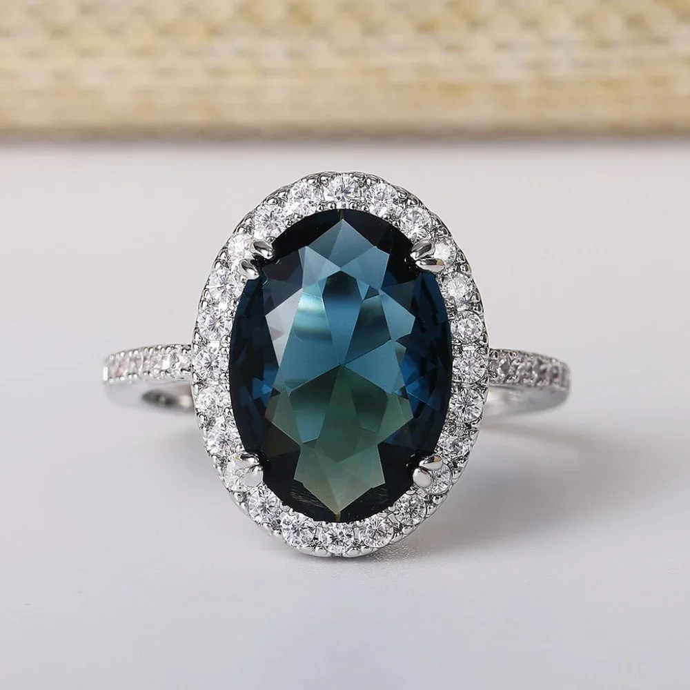 Noble Hollow Anillos Super Large Oval Pure Royal Blue Cz Silver Ring L263 114$